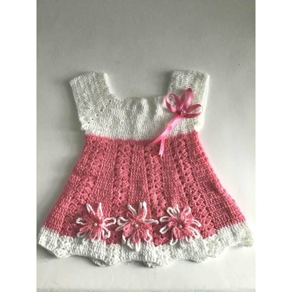 Handmade Dress Girls Pink Crochet Ribbon Flowers